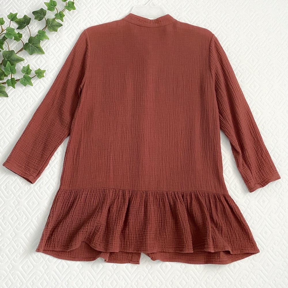 Polagram gauze cotton boho button down long sleeve tunic, sienna brown - Picture 2 of 9